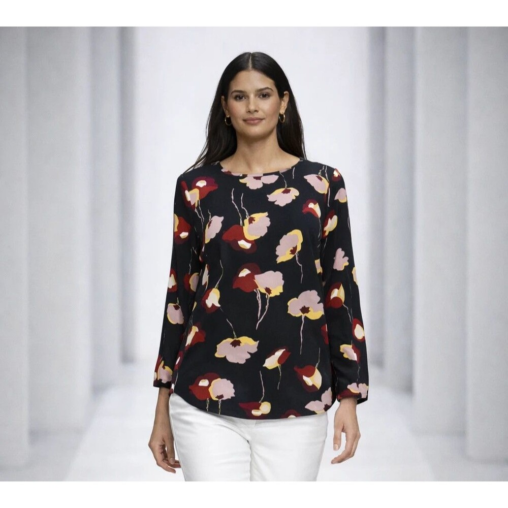 Nine West Women's Black and Multicolor Floral Long Sleeve Blouse Size XL